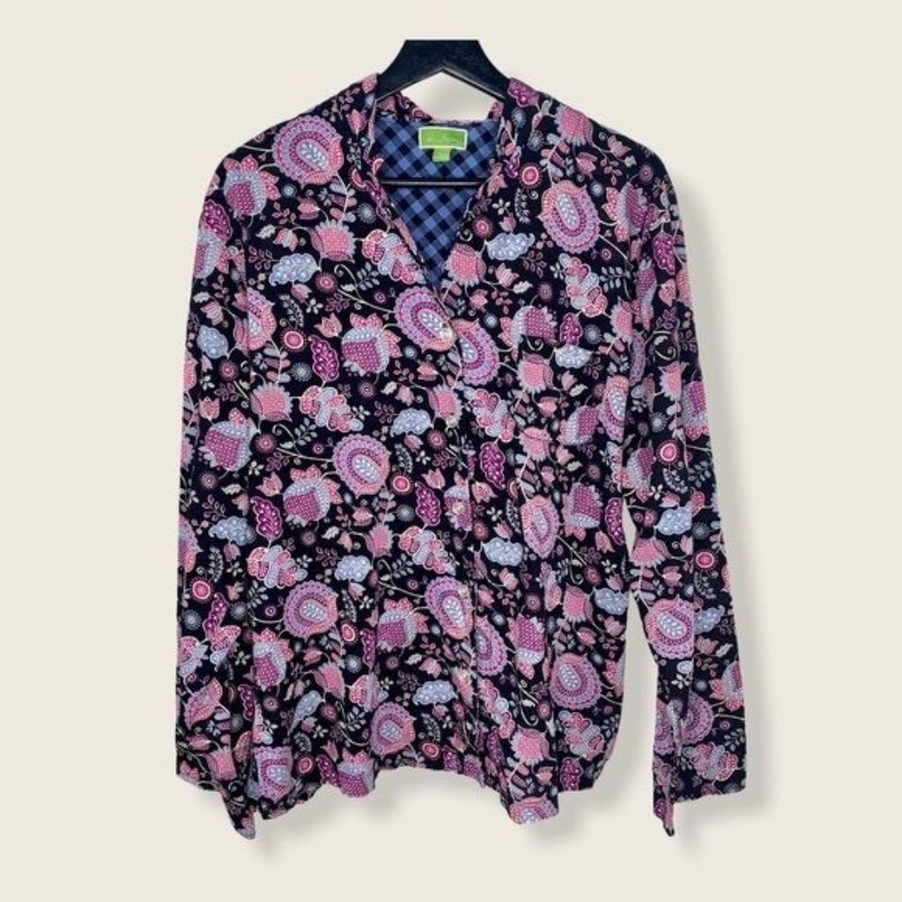 Vera Bradley Folk Art Print Long Sleeve Button Up Top XL